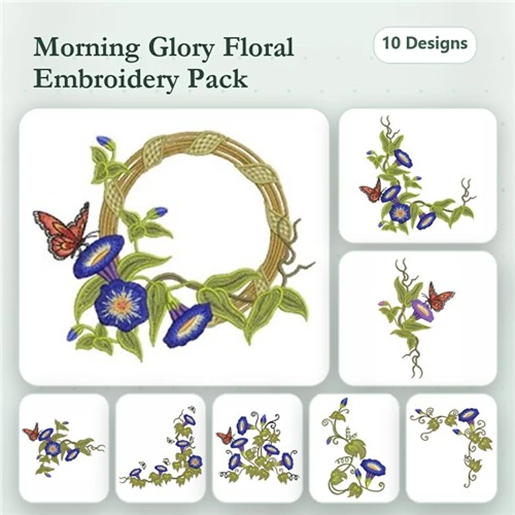 Floral Embroidery Designs Bundle – Morning Glory Wreath with Butterflies, Morning Glory Bouquet & More (10 Designs)