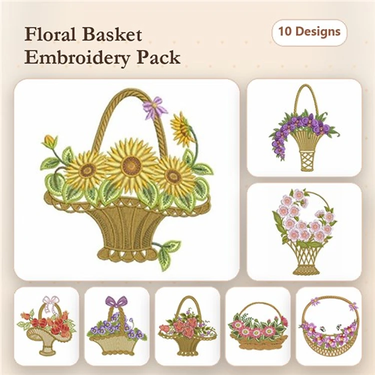 Floral Basket Embroidery Designs Bundle – Sunflower Basket, Mixed Flower Basket, Pink Blossom Basket & More (10 Designs)