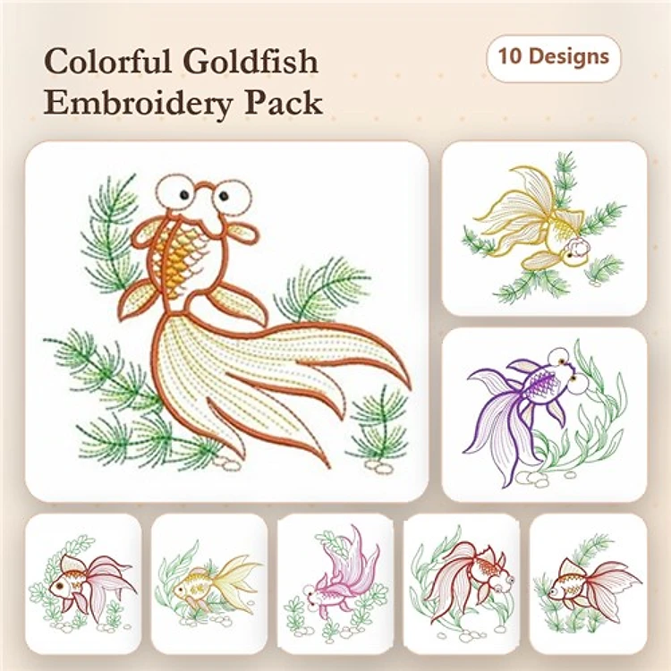 Rippled Colorful Goldfish Embroidery Designs Bundle – Goldfish with Green Plants, Purple Goldfish, Orange Goldfish & More (10 Designs)