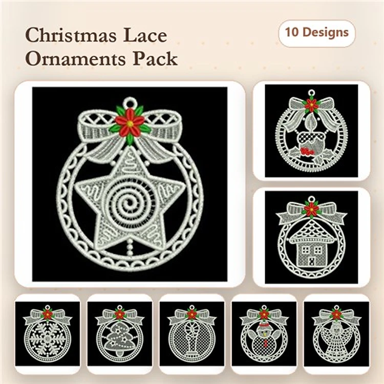 FSL Christmas Lace Ornaments Embroidery Designs Bundle – Star, Bell, Mistletoe & More (10 Designs)