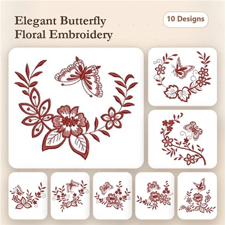 Redwork Elegant Butterfly & Floral Embroidery Designs Bundle – Butterfly with Floral Arrangement, Floral Wreath, & More (10 Designs)