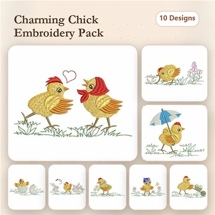 Charming Chicks Embroidery Designs Bundle – Chick with Heart, Chick with Red Scarf & More (10 Designs)