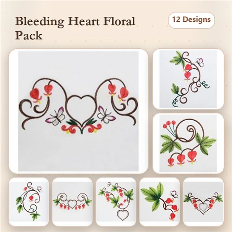 Bleeding Heart Floral Embroidery Designs Bundle – Vining Hearts, Butterflies, Floral Arrangements & More (12 Designs)