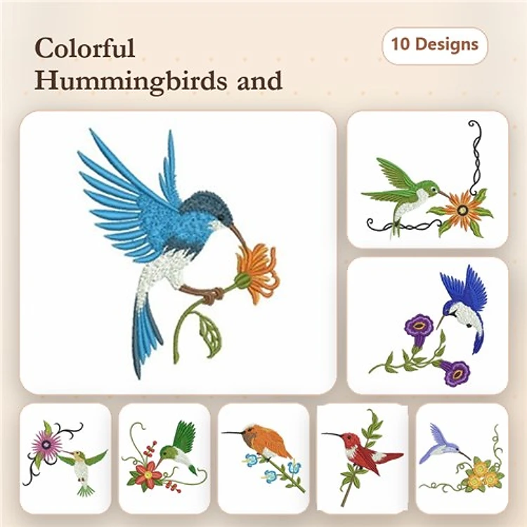 Hummingbirds & Flowers Embroidery Designs Bundle – Blue Hummingbird with Flower, Green Hummingbird with Flower & More (10 Designs)