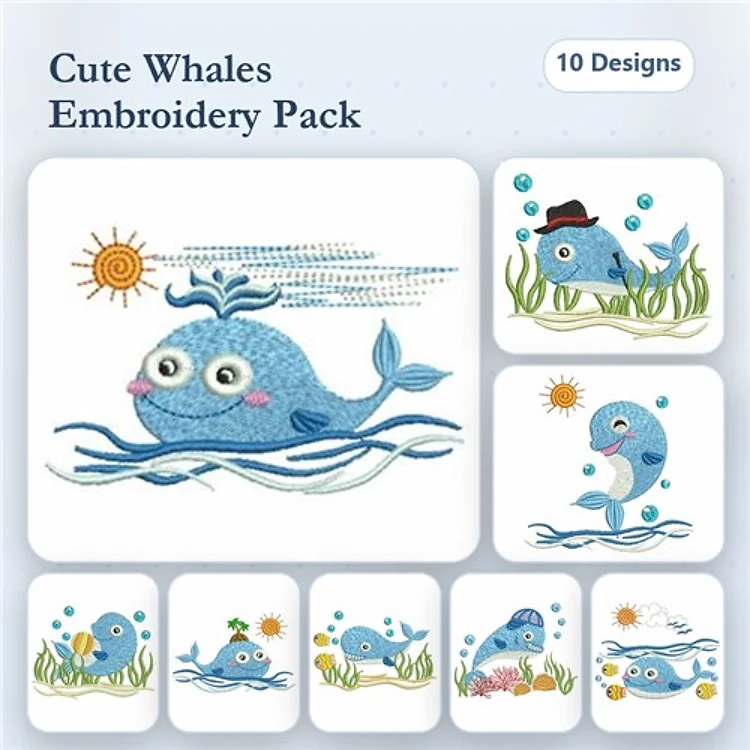 Cute Whales Embroidery Designs Bundle – Whale with Sun, Whale with Hat, Playful Whale & More (10 Designs)