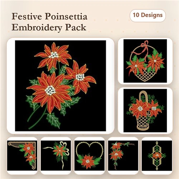 Poinsettia Embroidery Designs Bundle – Floral Arrangement, Wreath, Heart & More (10 Designs)