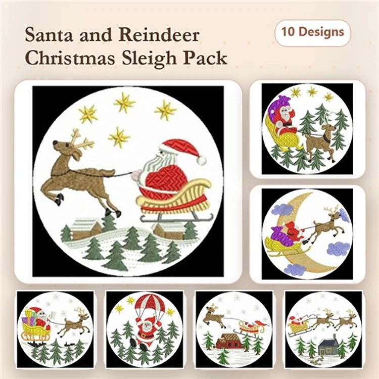 Santa & Reindeer Christmas Embroidery Designs Bundle – Santa in Sleigh, Santa Flying with Gifts, & More (10 Designs)