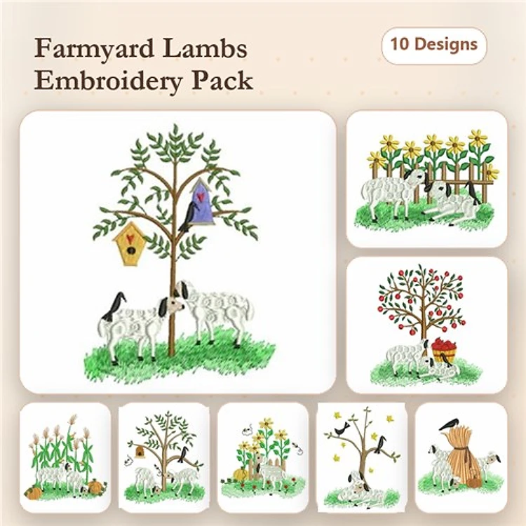 Farmyard Lambs Embroidery Bundle – Lambs in Field, Lamb under Tree, Lamb with Birdhouse & More (10 Designs)