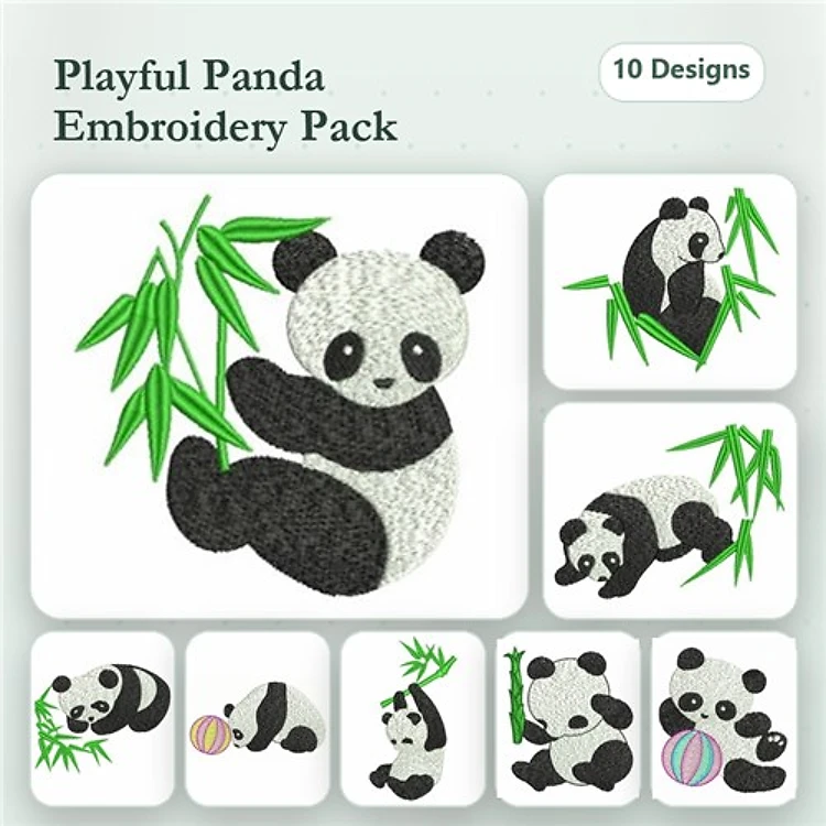 Panda Embroidery Designs Bundle – Panda with Bamboo, Panda Playing with Ball, Panda Peeking & More (10 Designs)