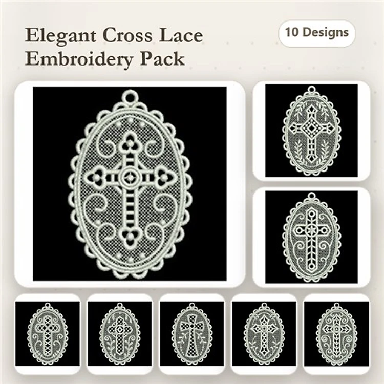 FSL Lace Cross Embroidery Bundle – Cross with Swirls, Cross with Beads, Cross with Floral Edge & More (10 Designs)
