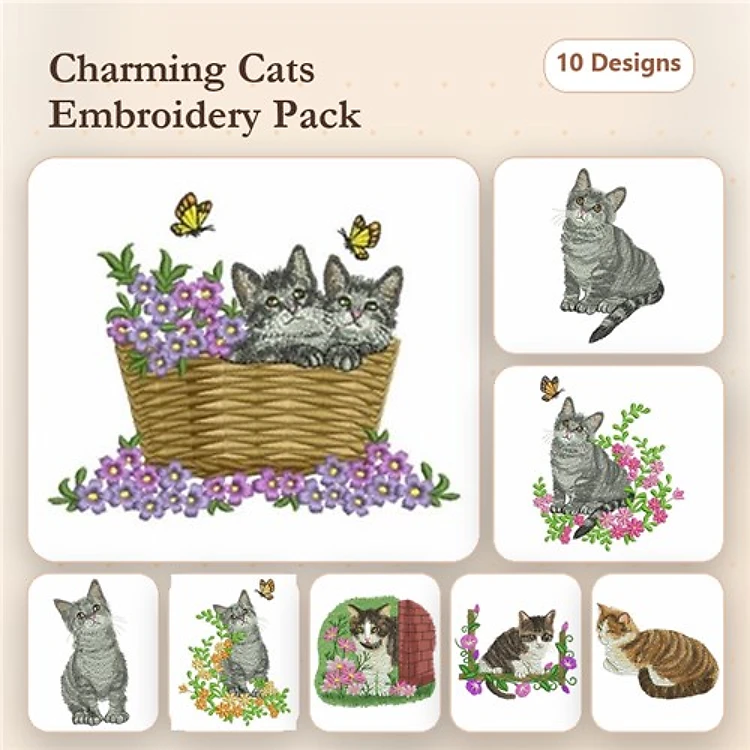 Cats Embroidery Bundle – Kittens in Basket, Gray Cat with Flowers, Tabby Cat & More (10 Designs)