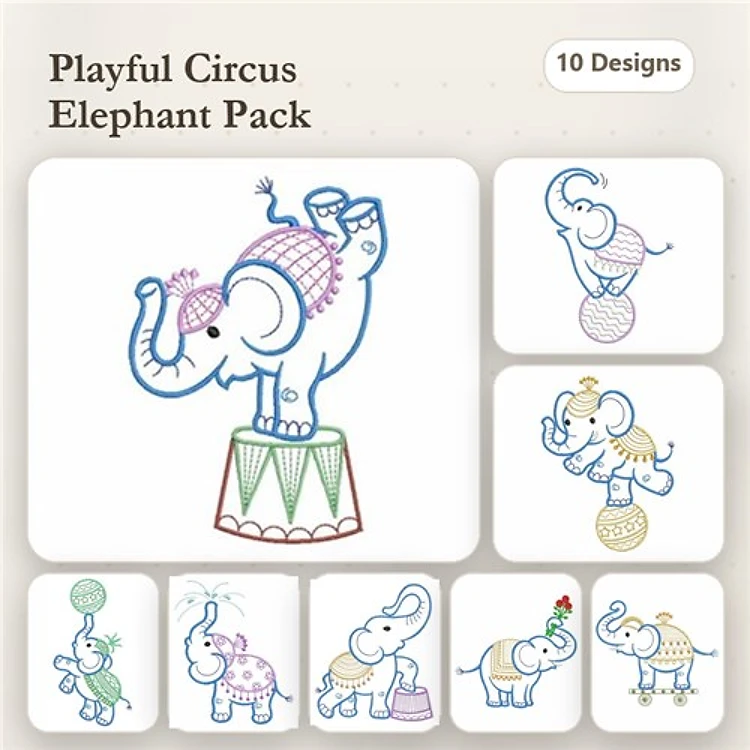 Circus Elephants Embroidery Designs Bundle – Balancing Elephant, Elephant on Ball, Elephant with Hat & More (10 Designs)