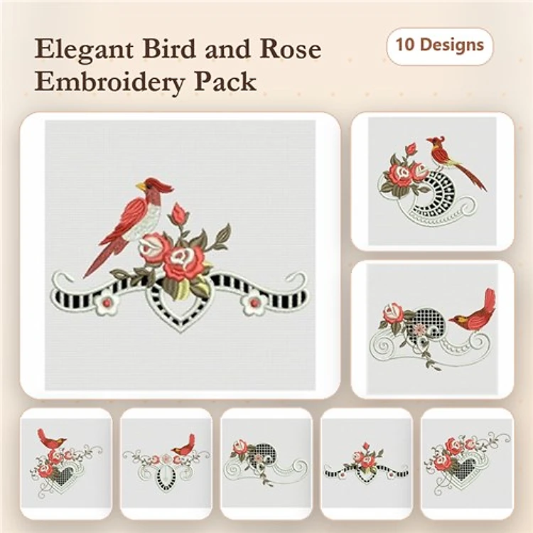 Birds and Roses Embroidery Designs Bundle – Red Bird with Roses, Cardinal and Roses, Birds with Heart & More (10 Designs)