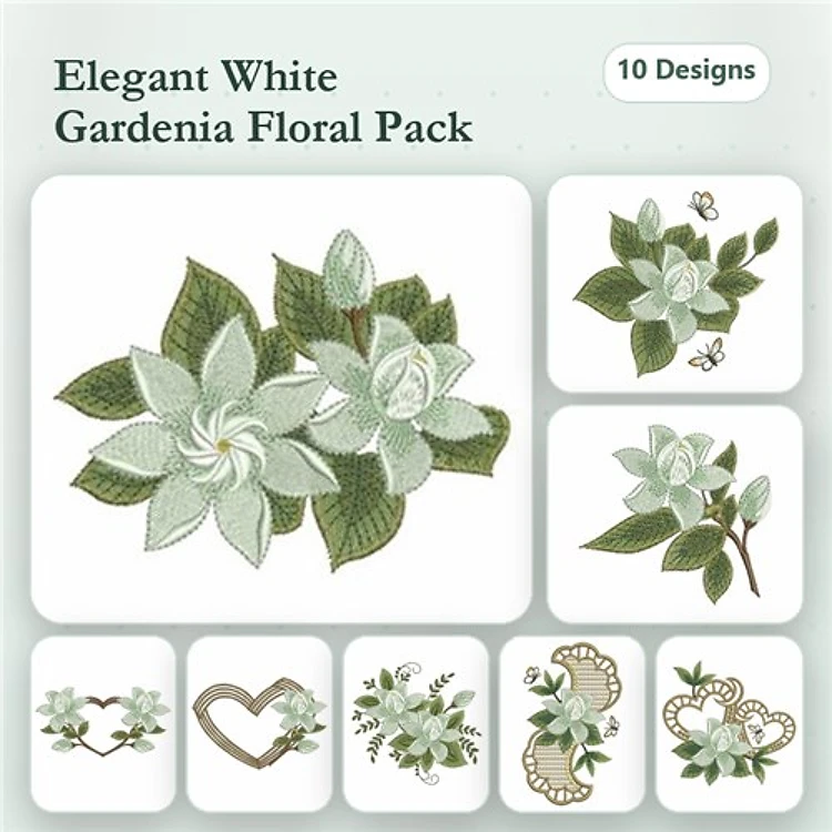 Gardenia Floral Embroidery Designs Bundle – Cluster with Leaves, In Heart, with Swirl & More (10 Designs)