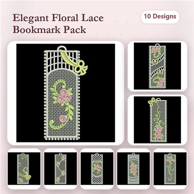 FSL Floral Lace Bookmarks Embroidery Bundle – Lace Bookmark with Rose, Floral Swirl, Bow & More (10 Designs)