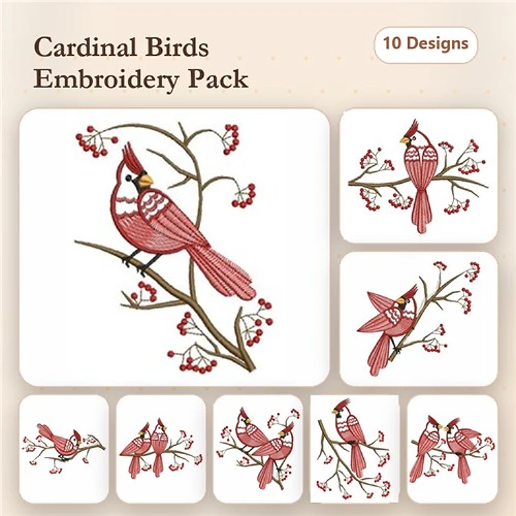 Cardinal Birds Embroidery Designs Bundle – Male Cardinal, Female Cardinal, Cardinal with Berries & More (10 Designs)