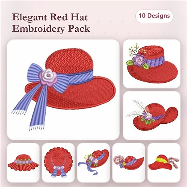 Red Hat Embroidery Bundle – Elegant Red Hat with Bow, Floral Hat, Stylish Red Hat & More (10 Designs)