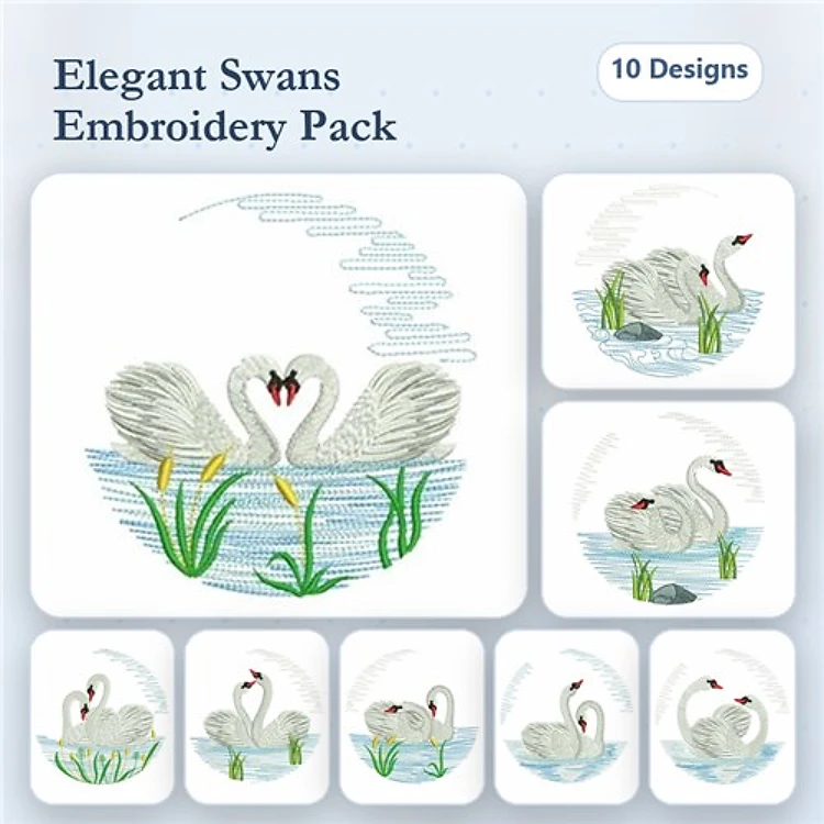 Elegant Swans Embroidery Bundle – Two Swans with Hearts, Swan on Water, Single Swan with Grass & More (10 Designs)