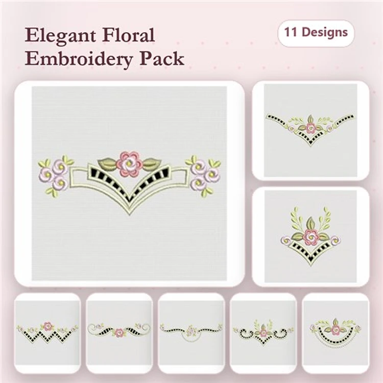 Elegant Floral Embroidery Designs Bundle – Floral Corner, Ornamental Floral Vine, Rose and Leaf Border & More (11 Designs)