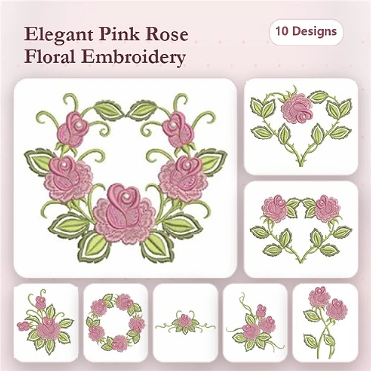 Floral Embroidery Bundle – Rose Wreath, Single Pink Rose, Heart with Roses & More (10 Designs)