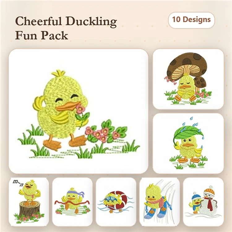 Cheerful Duckling Characters Embroidery Designs Bundle – Duckling with Flowers, Duckling with Ice Cream, & More (10 Designs)