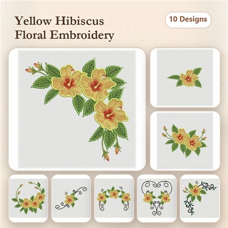 Floral Embroidery Bundle – Hibiscus Flower Cluster, Single Hibiscus Flower, Floral Corner Vine & More (10 Designs)