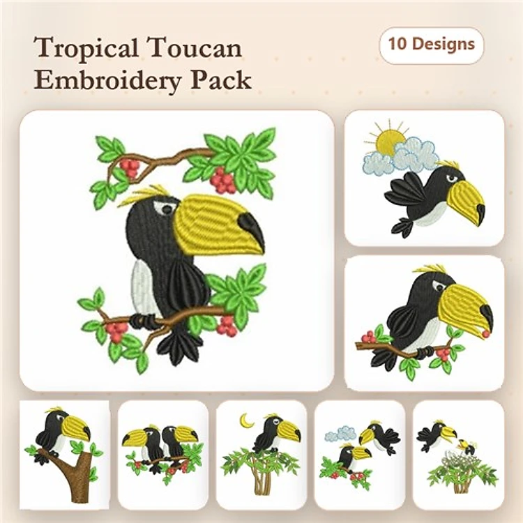 Tropical Toucan Embroidery Designs Bundle – Toucan on Branch, Toucan with Sun, & More (10 Designs)
