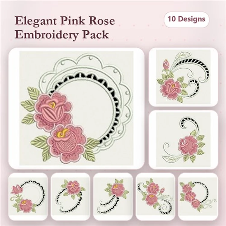 Floral Rose Embroidery Bundle – Elegant Pink Roses, Pink Rose with Lace Frame, Curly Vine with Pink Rose & More (10 Designs)