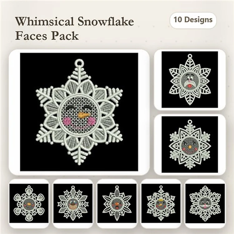 FSL Snowflake Faces Embroidery Designs Bundle – Girl, Teddy Bear, Snowman & More (10 Designs)