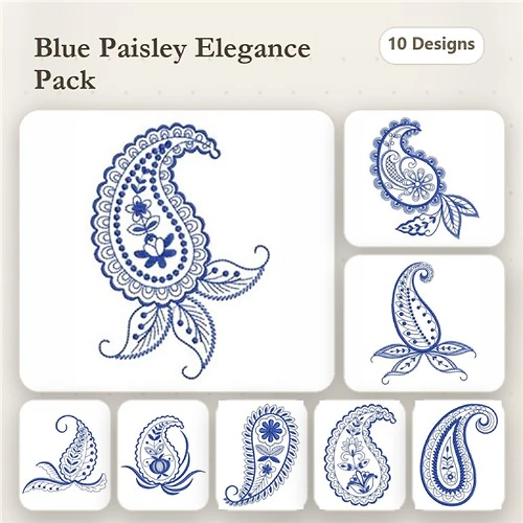 Redwork Paisley Embroidery Designs Bundle – Blue Paisley Design 1, Blue Paisley Design 2, Blue Paisley Design 3 & More (10 Designs)
