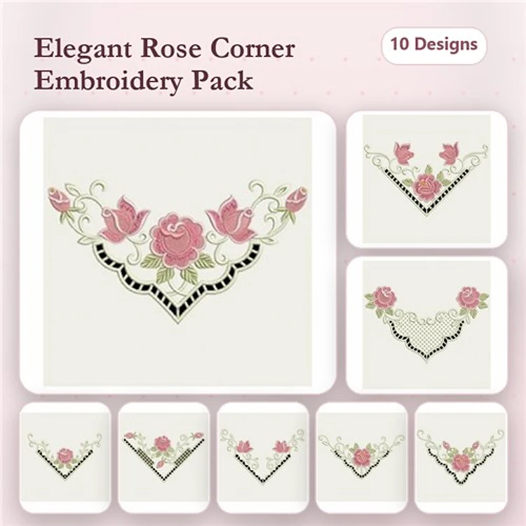 Floral Corner Embroidery Bundle – Rose Corner Design with Pink Flowers, Decorative Corner with Pink Roses & More (10 Designs)