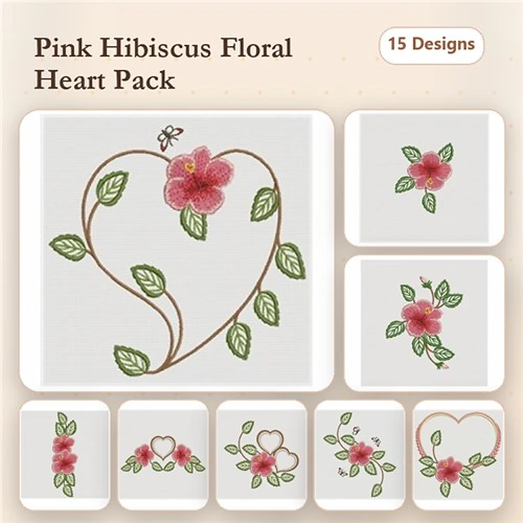 Hibiscus Floral Heart Embroidery Bundle – Hibiscus Heart with Leaves, Heart with Hibiscus Blossom & More (15 Designs)