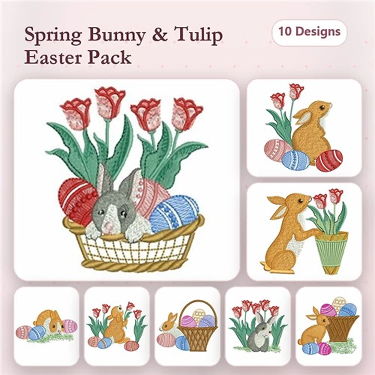 Easter Bunny & Tulip Embroidery Designs Bundle – Bunny in Basket, Rabbit with Eggs, & More (10 Designs)