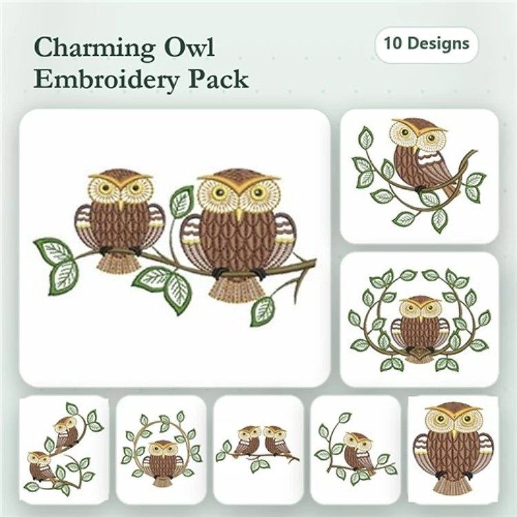 Charming Owl Embroidery Designs Bundle – Owl on Branch, Owl Family, Owl with Flowers & More (10 Designs)