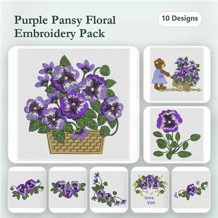 Floral Pansy Embroidery Designs Bundle – Pansy Bouquet, Pansy Basket, Pansy with Bear & More (10 Designs)