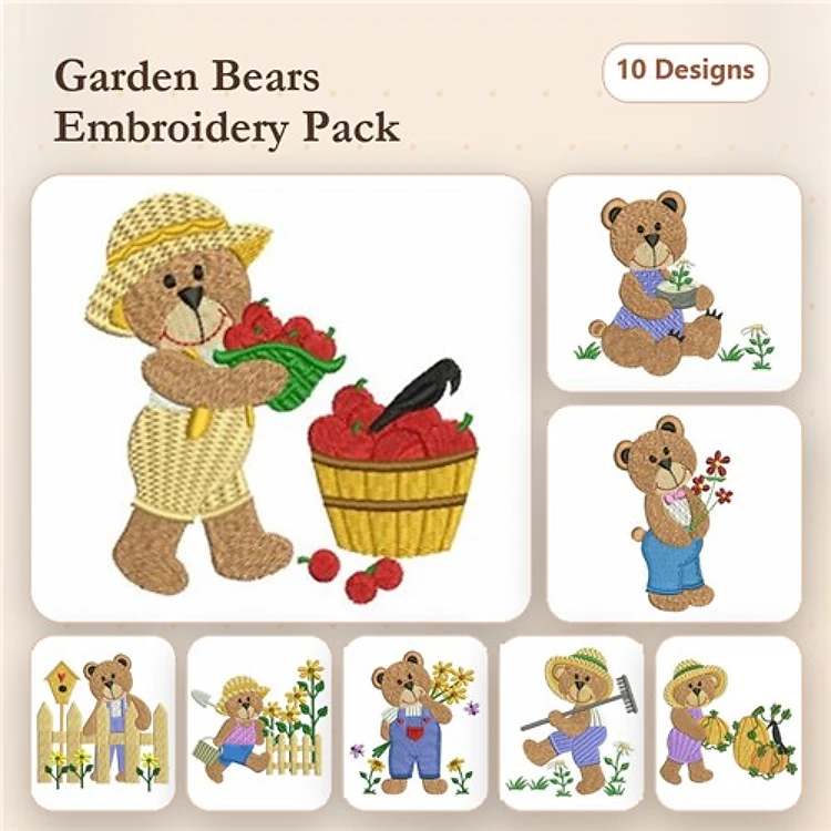 Garden Bears Embroidery Designs Bundle – Bear with Basket of Vegetables, Bear Picking Flowers, & More (10 Designs)