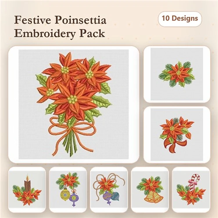 Poinsettia Floral Embroidery Designs Bundle – Poinsettia Bouquet, Christmas Candle with Poinsettias & More (10 Designs)