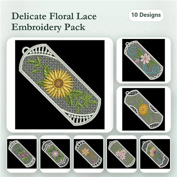 FSL Delicate Floral Lace Embroidery Designs Bundle – Sunflower Lace, Floral Lace Round, Leaf Lace & More (10 Designs)