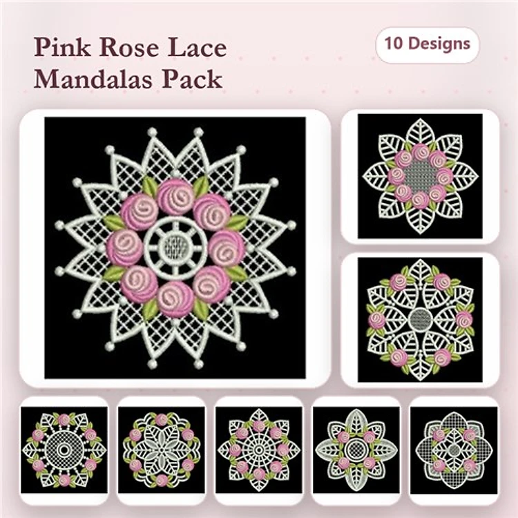 FSL Pink Rose Lace Mandalas Embroidery Designs Bundle – Intricate Rose Lace, Floral Lace Mandala, & More (10 Designs)