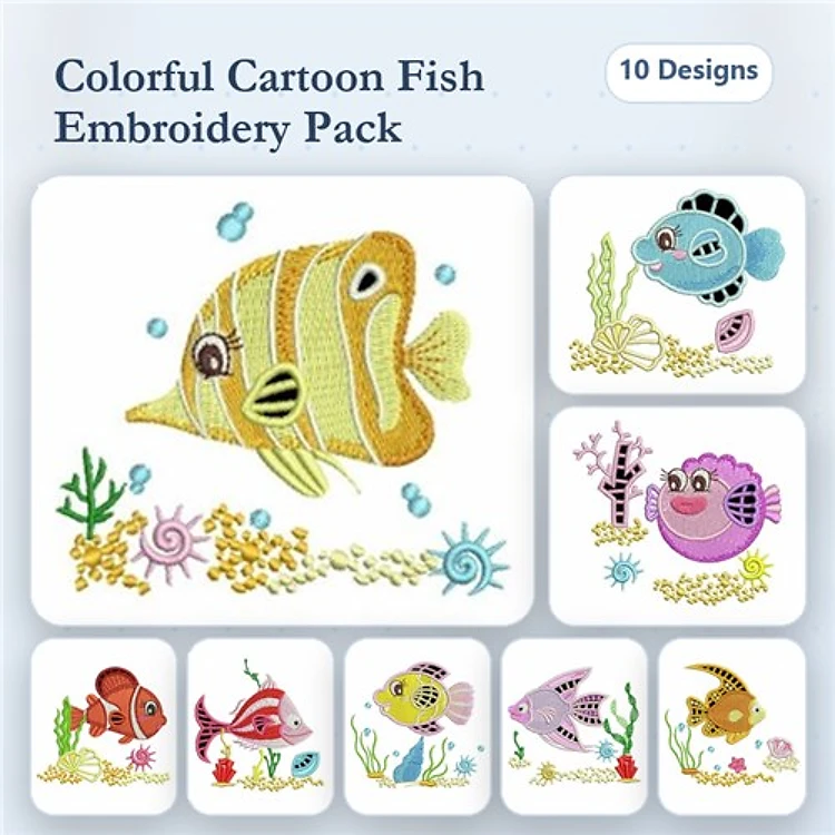 Colorful Cartoon Fish Embroidery Bundle – Yellow Fish, Blue Fish, Pink Puffer Fish & More (10 Designs)