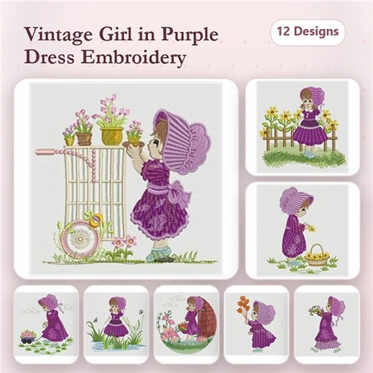 Vintage Girls Embroidery Designs Bundle – Charming Floral Scenes & More (12 Designs)