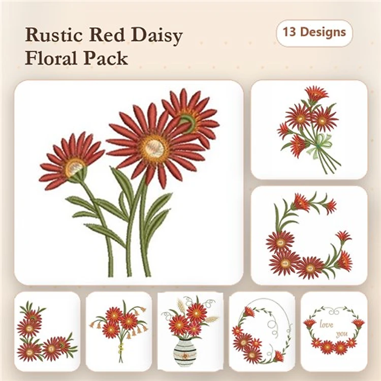 Daisy Floral Embroidery Designs Bundle – Daisy Bouquet, Red Daisy Cluster, Love with Daisies & More (13 Designs)