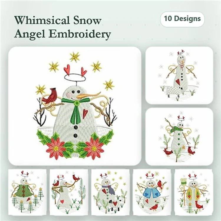Snow Angel Embroidery Designs Bundle – Snow Angel with Red Cardinal, Snow Angel with Flowers & More (10 Designs)