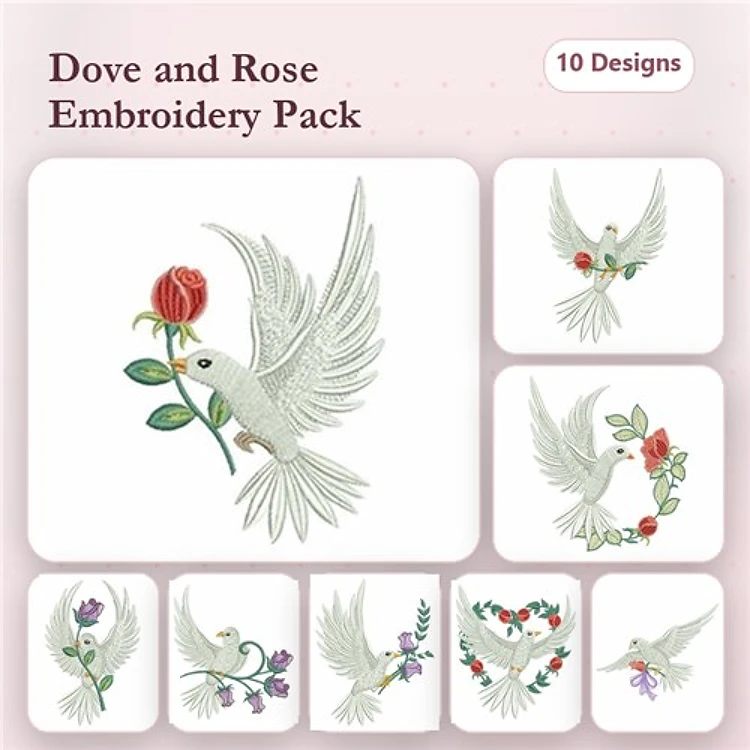 Doves & Roses Embroidery Designs Bundle – Dove with Rose, Dove with Lavender, Dove with Pink Flowers & More (10 Designs)