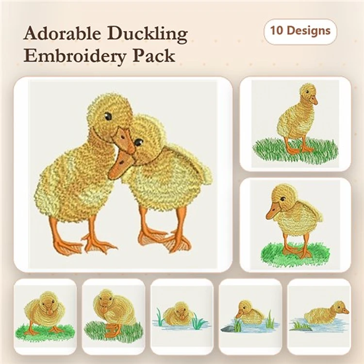 Adorable Duckling Embroidery Designs Bundle – Duckling Couple, Duckling Playing, Duckling with Reflection & More (10 Designs)
