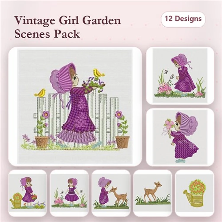 Vintage Girl in Garden Embroidery Designs Bundle – Girl with Flowers, Girl with Basket, Girl with Deer & More (12 Designs)