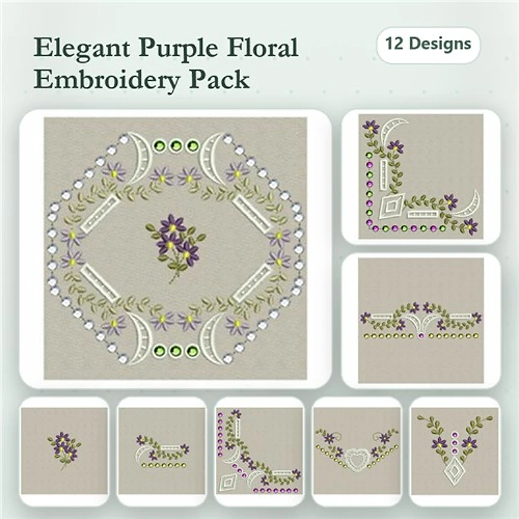 Elegant Purple Floral Embroidery Designs Bundle – Floral Frame with Violets, Decorative Floral Corner, & More (12 Designs)