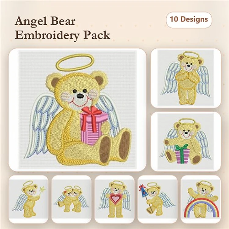 Angel Bear Embroidery Designs Bundle – Angel Bear with Gift, Angel Bear with Rainbow, Angel Bear with Heart & More (10 Designs)