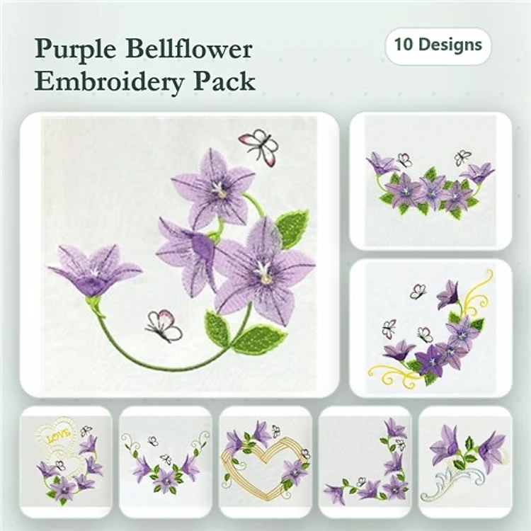 Purple Bellflower Embroidery Designs Bundle – Purple Bellflower Bouquet, Bellflower Heart, Bellflower with Butterflies & More (10 Designs)