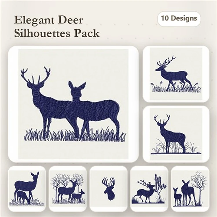 Deer Silhouettes Embroidery Designs Bundle – Standing Deer Couple, Single Buck, Single Doe & More (10 Designs)